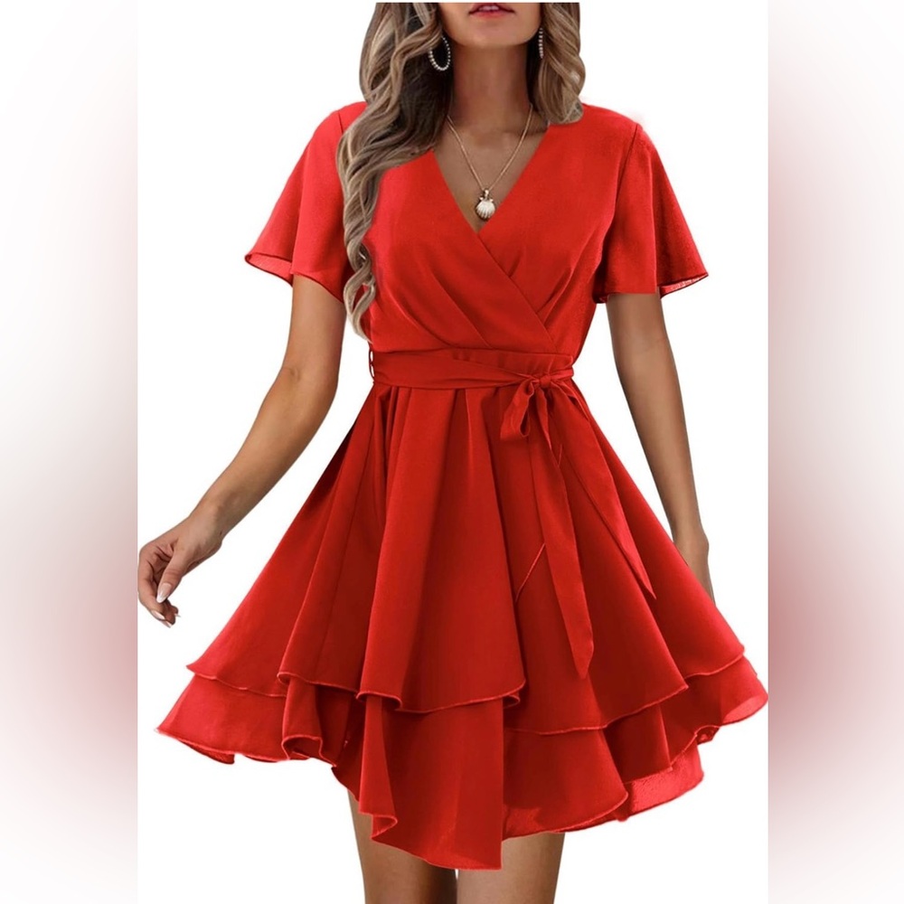 Women’s Elegant Red Wrap Dress Summer Short Sleeve Casual V Neck Ruffle  XL.